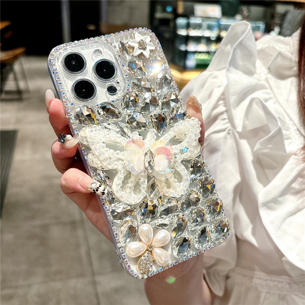 For iPhone 15 Pro Max Case Glass Rhinestone Decor Butterfly Pattern TPU Phone Back Cover - White