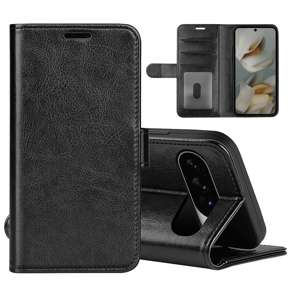 For Google Pixel 10 Pro XL Case Crazy Horse Texture Stand Leather Phone Cover - Black
