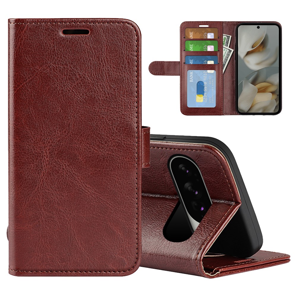 For Google Pixel 10 Pro XL Case Crazy Horse Texture Stand Leather Phone Cover - Brown