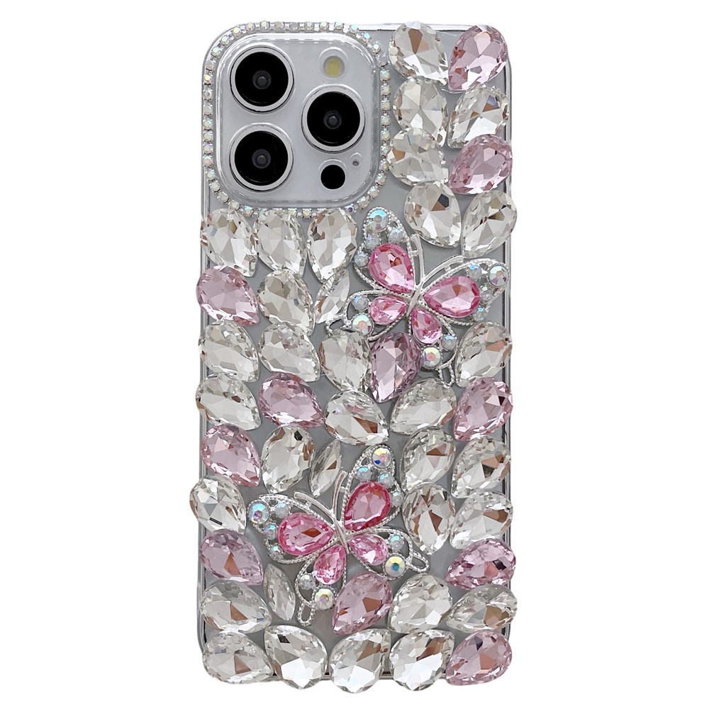 For iPhone 15 Pro Case Glass Rhinestone Two Butterfly Decor TPU Phone Back Cover - Pink