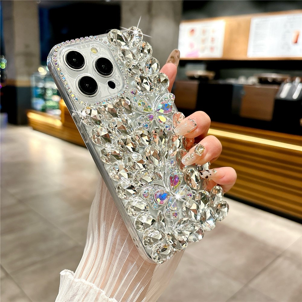 For iPhone 15 Pro Max Case Glass Rhinestone Two Butterfly Decor TPU Phone Back Cover - White
