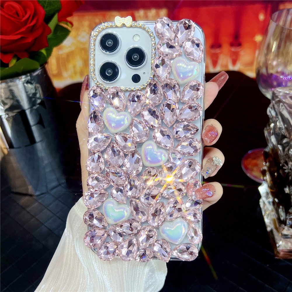 For iPhone 15 Pro Max Case Glass Rhinestone Heart Shape Decor TPU Phone Back Cover