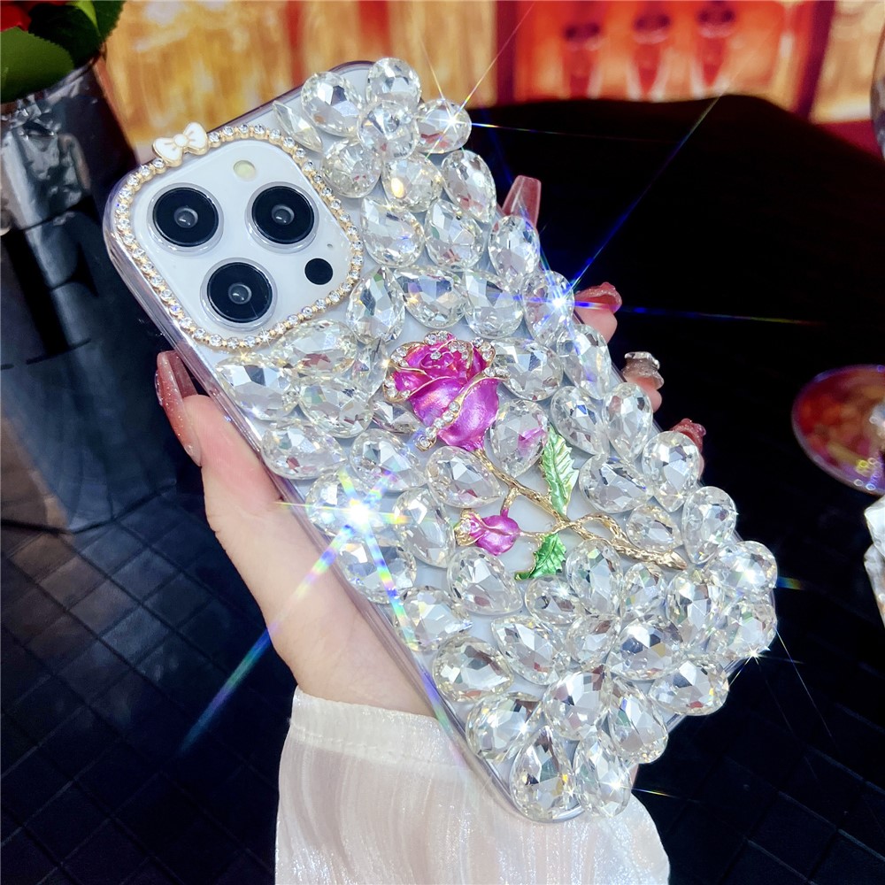 For iPhone 15 Pro Case Glass Rhinestone Rose Shape Decor TPU Phone Back Cover