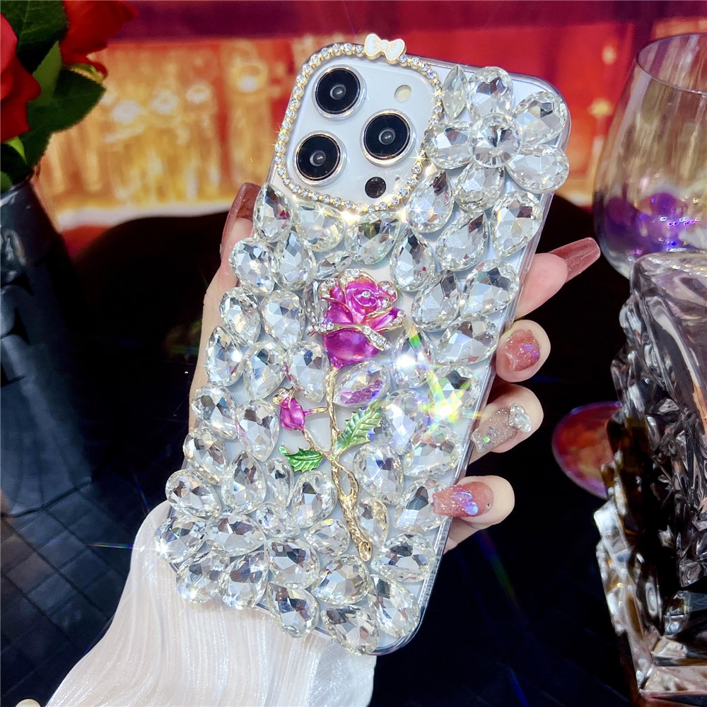 For iPhone 14 Pro Max Case Glass Rhinestone Rose Shape Decor TPU Phone Back Cover