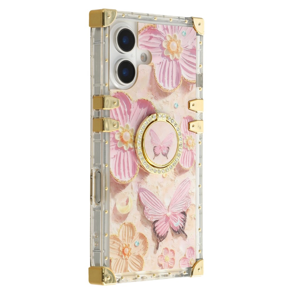 For iPhone 16 Plus Case Stylish Flower Butterfly Pattern Ring Kickstand TPU + PC Phone Cover - Pink
