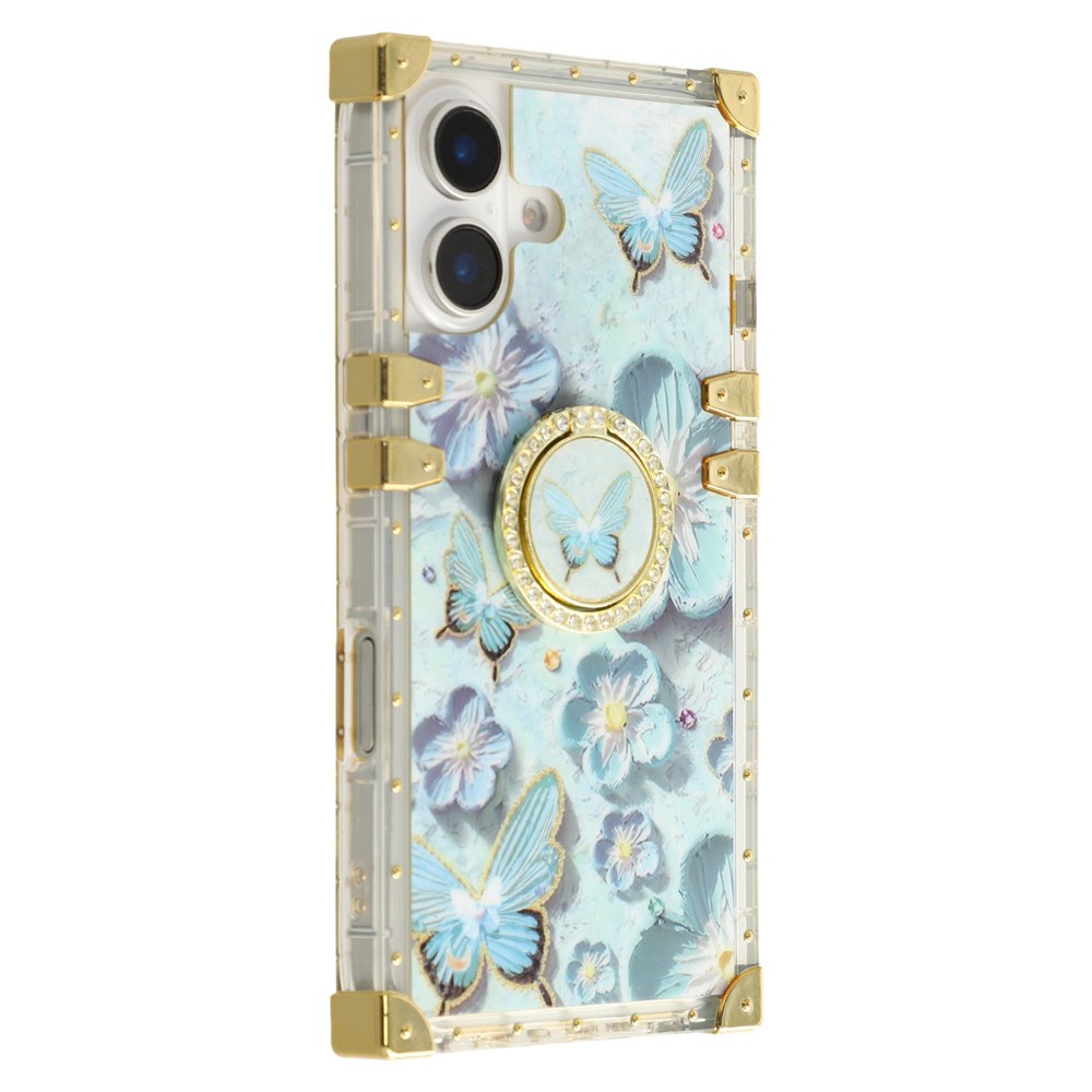 For iPhone 16 Plus Case Stylish Flower Butterfly Pattern Ring Kickstand TPU + PC Phone Cover - Blue