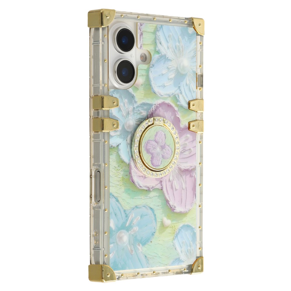For iPhone 16 Plus Case Stylish Flower Butterfly Pattern Ring Kickstand TPU + PC Phone Cover - Pink  /  Blue
