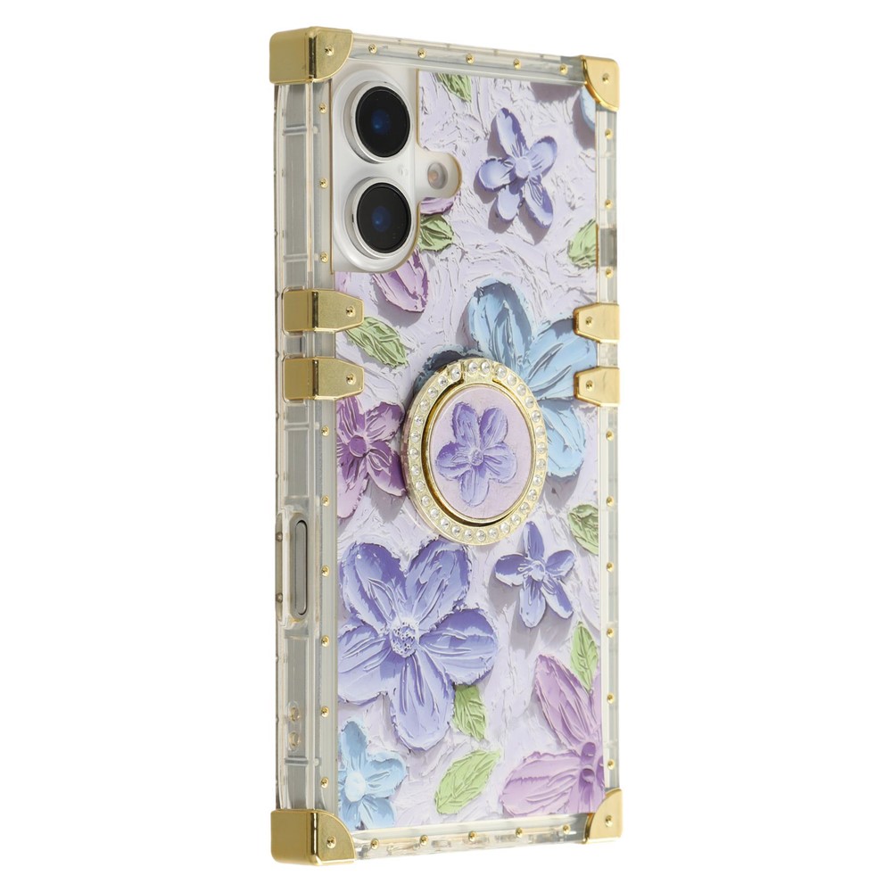 For iPhone 16 Plus Case Stylish Flower Butterfly Pattern Ring Kickstand TPU + PC Phone Cover - Purple