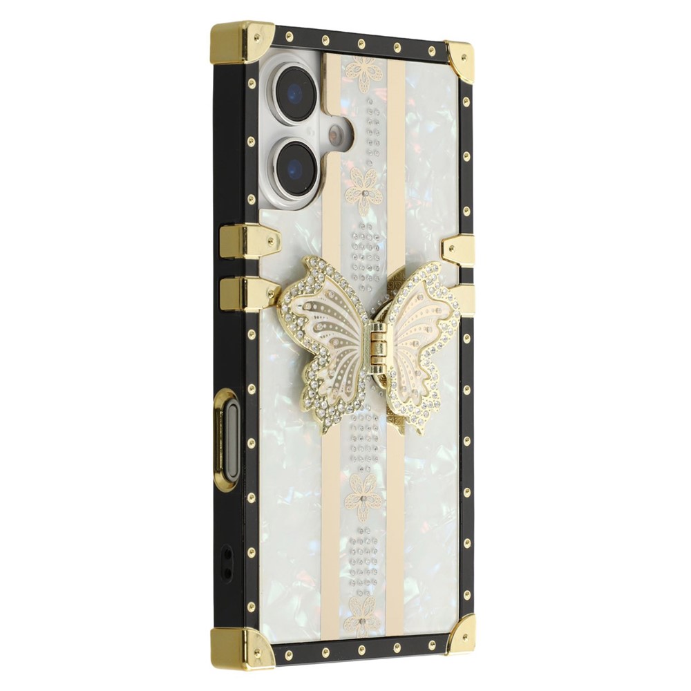 For iPhone 16 Plus Case TPU + PC Electroplated Butterfly Kickstand Phone Cover - White