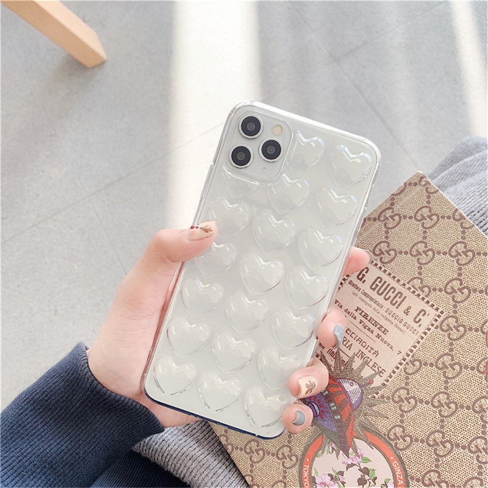 For iPhone 15 Pro Max Case 3D Heart Pattern Hard PC Shockproof Phone Cover - Transparent