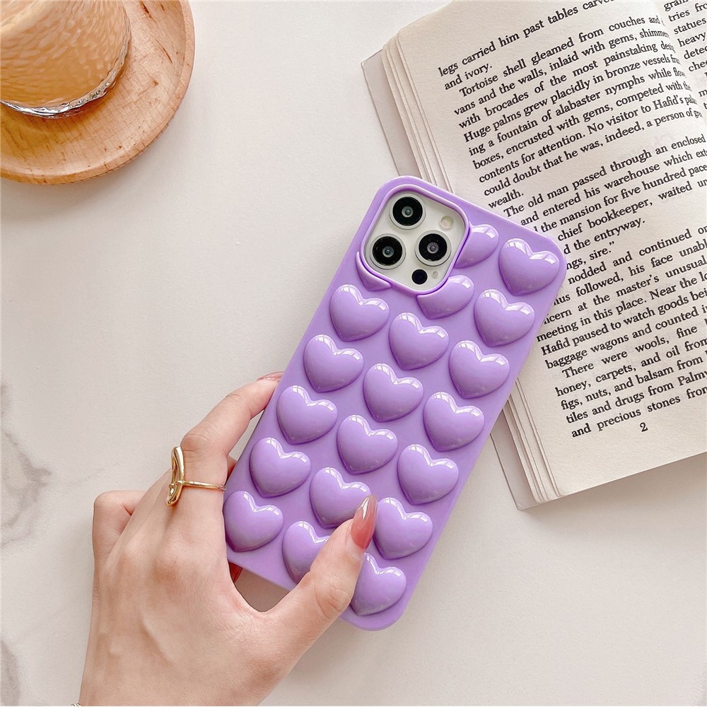 For iPhone 15 Pro Max Case 3D Heart Pattern Hard PC Shockproof Phone Cover - Purple