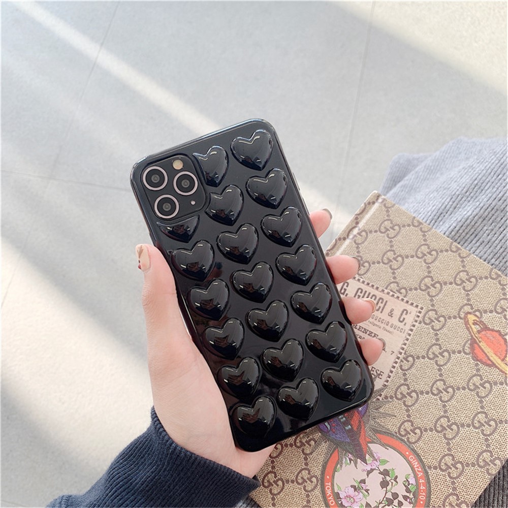 For iPhone 15 Pro Case 3D Heart Pattern Hard PC Shockproof Phone Cover - Black