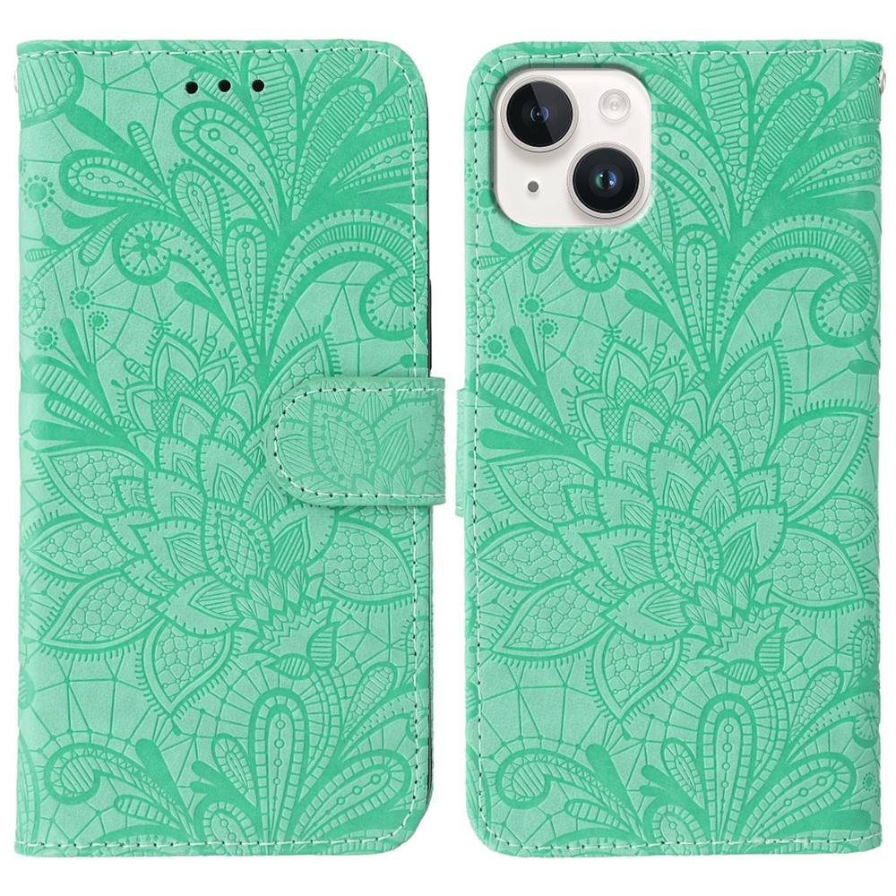 For iPhone 15 Case Lace Flowers PU Leather Flip Wallet Phone Cover - Green