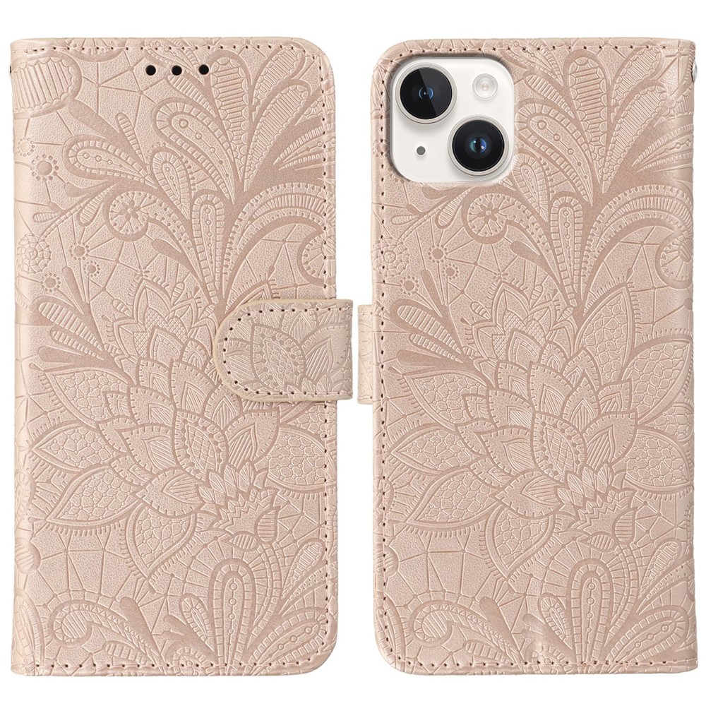 For iPhone 15 Case Lace Flowers PU Leather Flip Wallet Phone Cover - Rose Gold