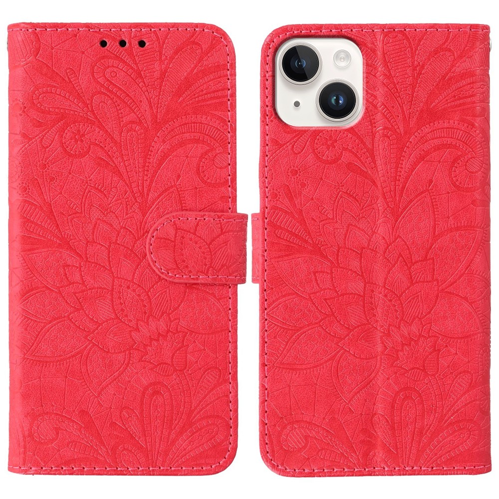 For iPhone 15 Case Lace Flowers PU Leather Flip Wallet Phone Cover - Red