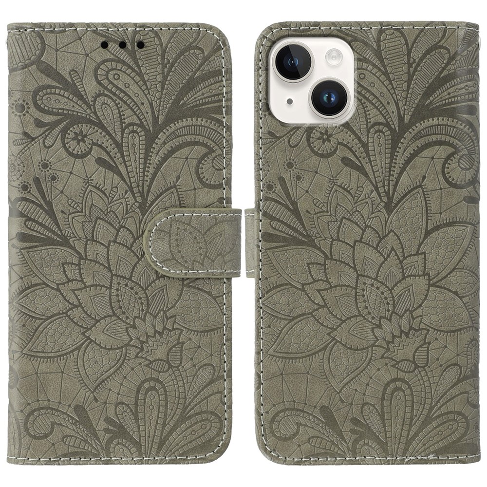 For iPhone 15 Case Lace Flowers PU Leather Flip Wallet Phone Cover - Grey