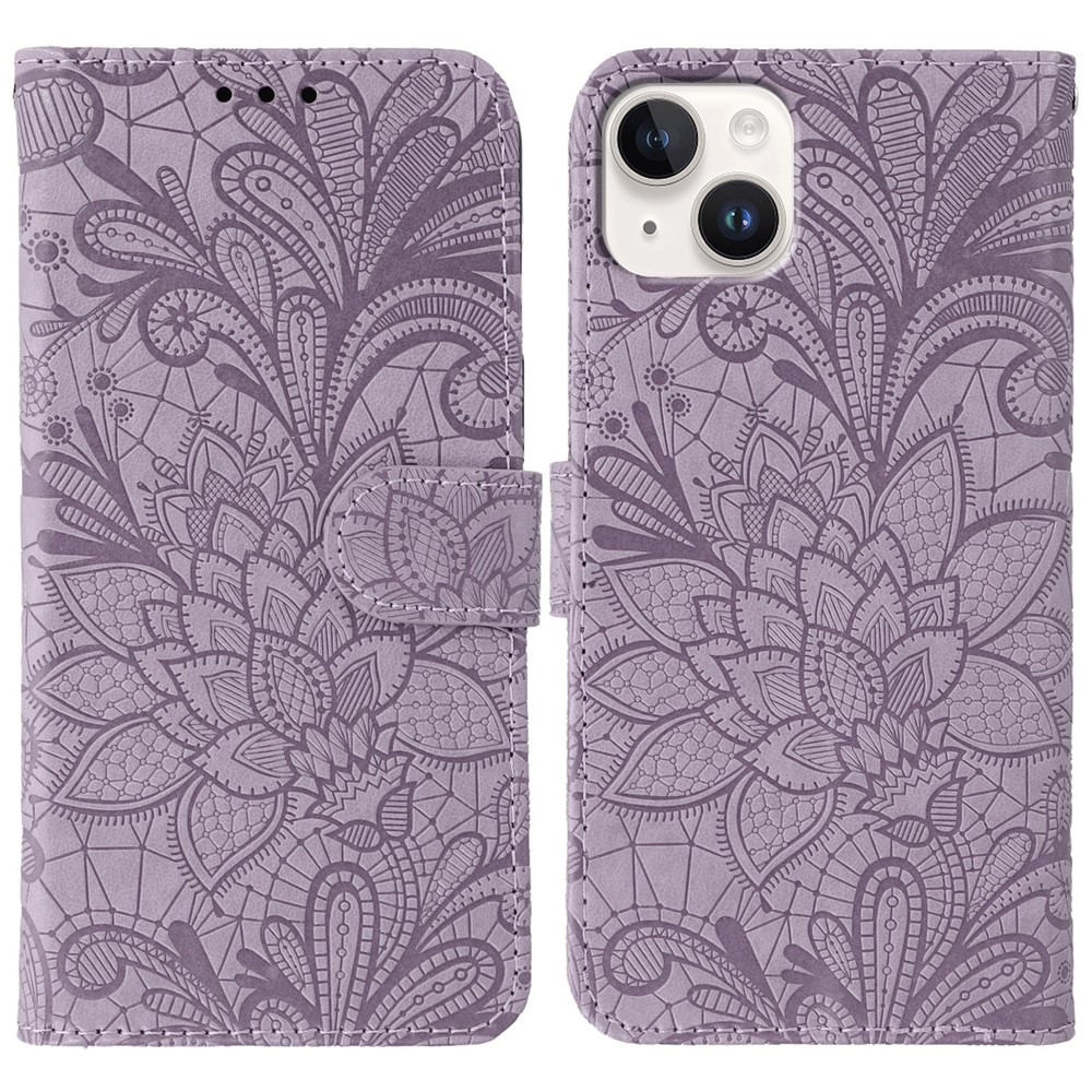 For iPhone 15 Case Lace Flowers PU Leather Flip Wallet Phone Cover - Purple