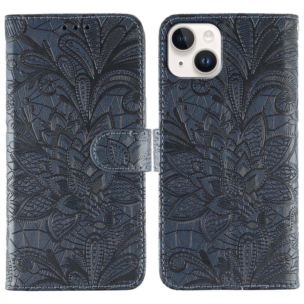 For iPhone 15 Case Lace Flowers PU Leather Flip Wallet Phone Cover - Dark Blue