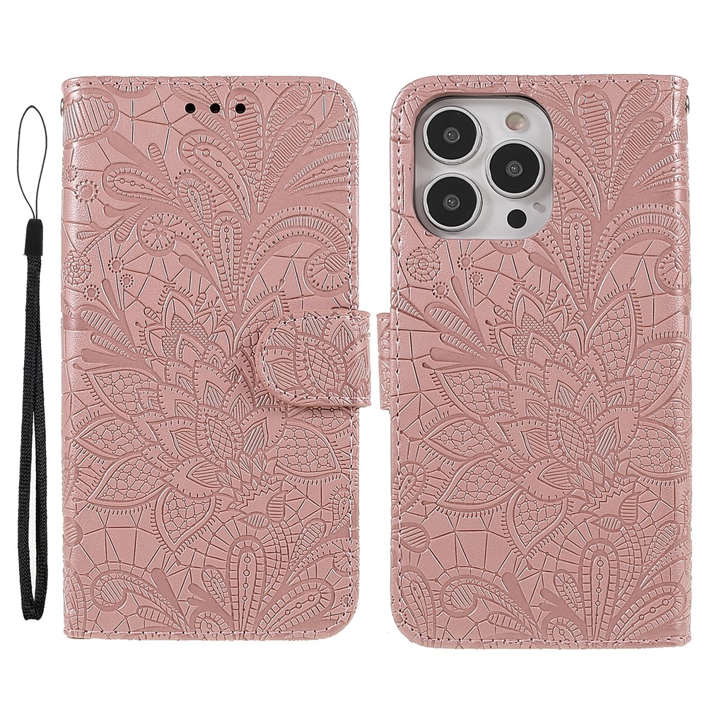 For iPhone 15 Pro Case Lace Flowers PU Leather Flip Wallet Phone Cover - Rose Gold