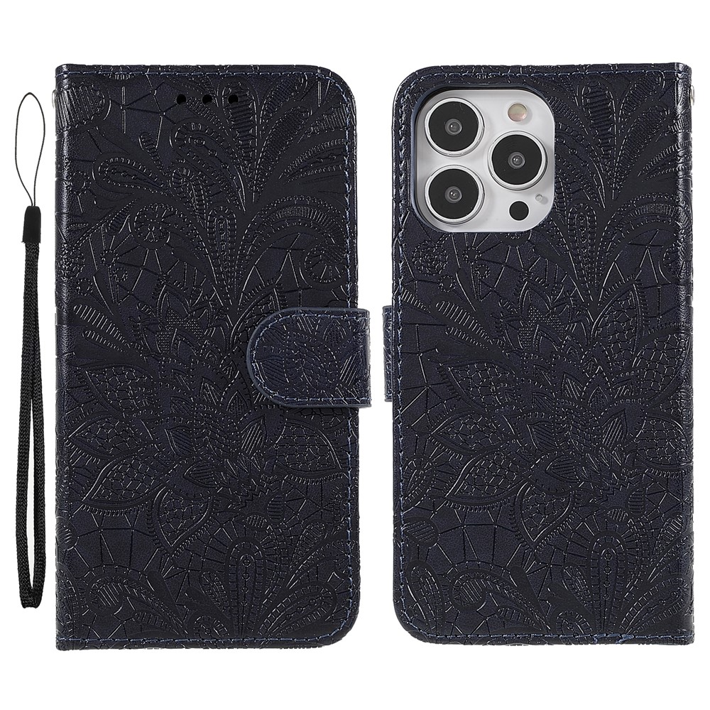 For iPhone 15 Pro Case Lace Flowers PU Leather Flip Wallet Phone Cover - Dark Blue
