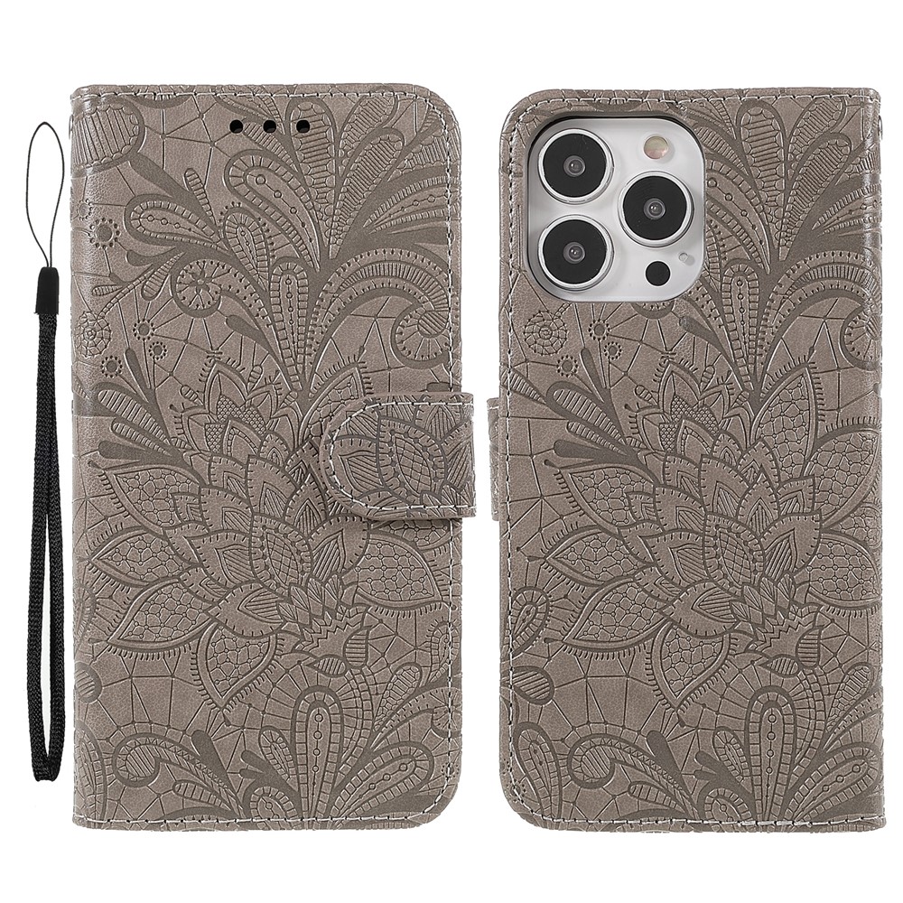 For iPhone 15 Pro Case Lace Flowers PU Leather Flip Wallet Phone Cover - Grey