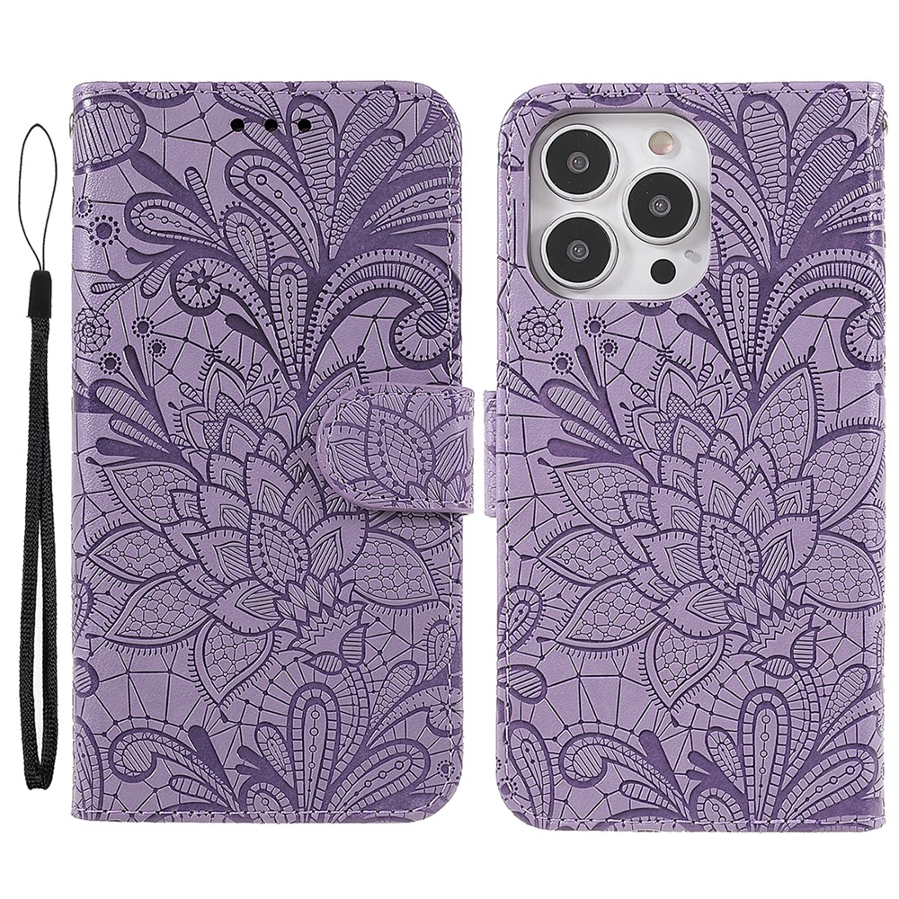 For iPhone 14 Pro Max Case Lace Flowers PU Leather Flip Wallet Phone Cover - Purple