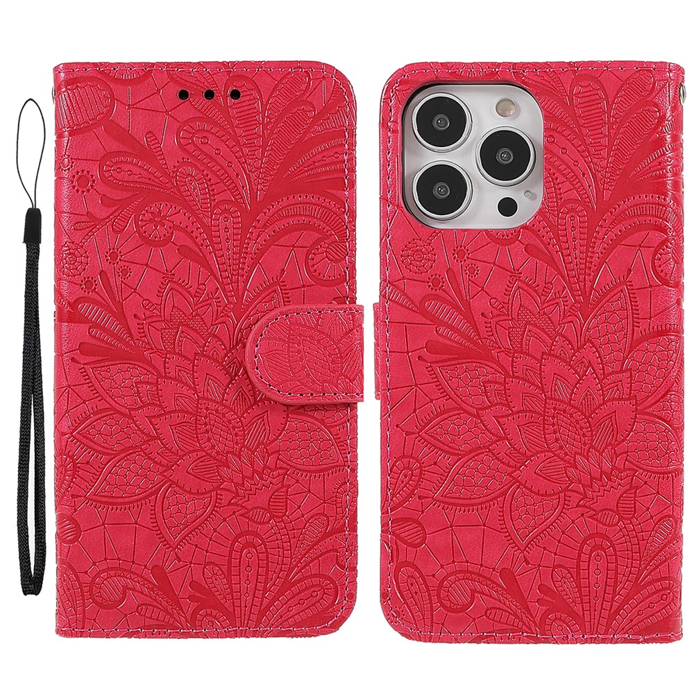 For iPhone 14 Pro Max Case Lace Flowers PU Leather Flip Wallet Phone Cover - Red