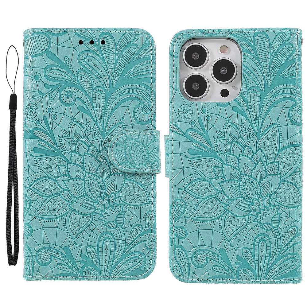 For iPhone 14 Pro Max Case Lace Flowers PU Leather Flip Wallet Phone Cover - Green