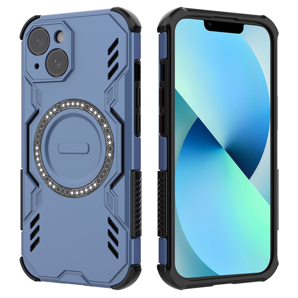 For iPhone 13 Magnetic Case Butterfly Armor Hollow Heat Dissipation PC + TPU Phone Cover - Blue