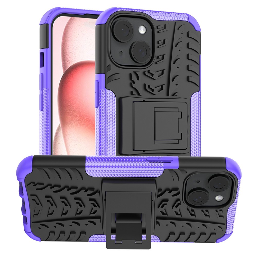 Bulk Purchasing For iPhone 15 Plus Case with Kickstand Tyre Pattern PC + TPU Phone Cover - Purple