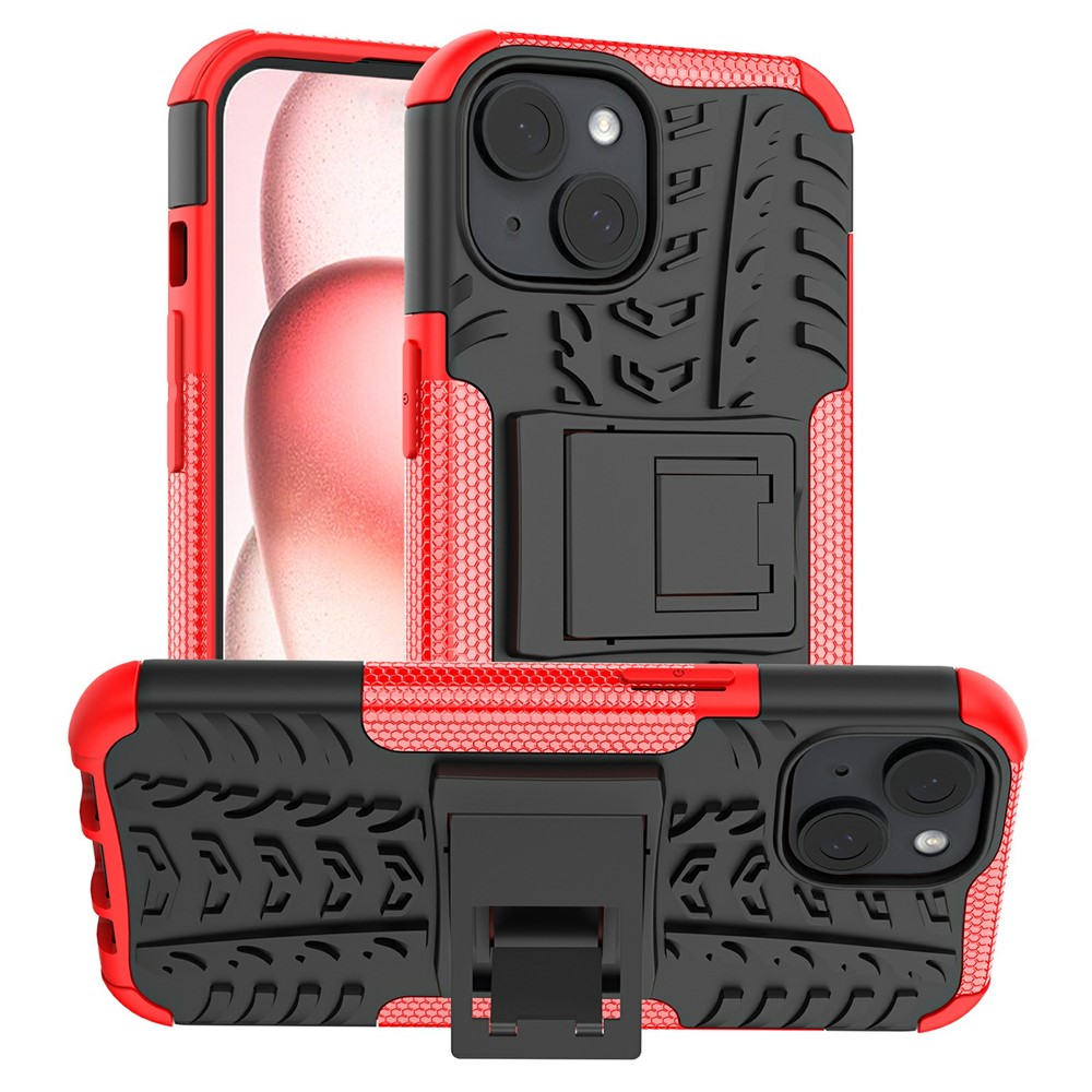 Bulk Purchasing For iPhone 15 Plus Case with Kickstand Tyre Pattern PC + TPU Phone Cover - Red