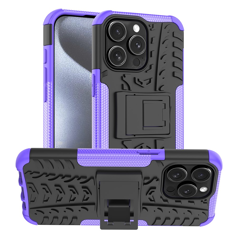 Bulk Purchasing For iPhone 14 Pro Case with Kickstand Tyre Pattern PC + TPU Phone Cover - Purple
