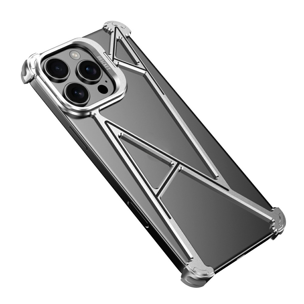 For iPhone 14 Pro Bumper Case Four Corner Airbag Kickstand Boardless A-Shape Metal Phone Cover - Silver
