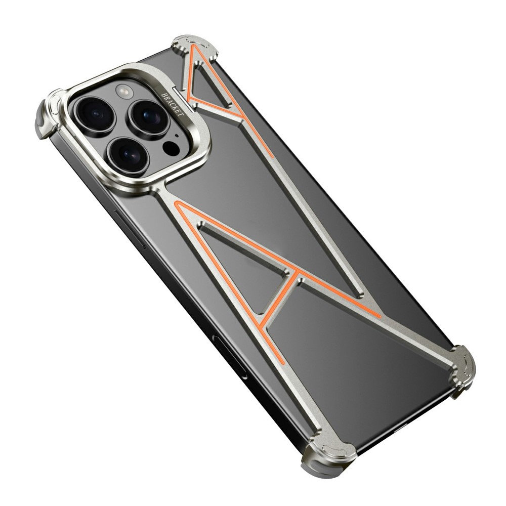 For iPhone 15 Pro Max Bumper Case Four Corner Airbag Kickstand Boardless A-Shape Metal Phone Cover - Titanium