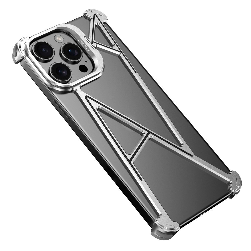 For iPhone 14 Pro Max Bumper Case Four Corner Airbag Kickstand Boardless A-Shape Metal Phone Cover - Silver