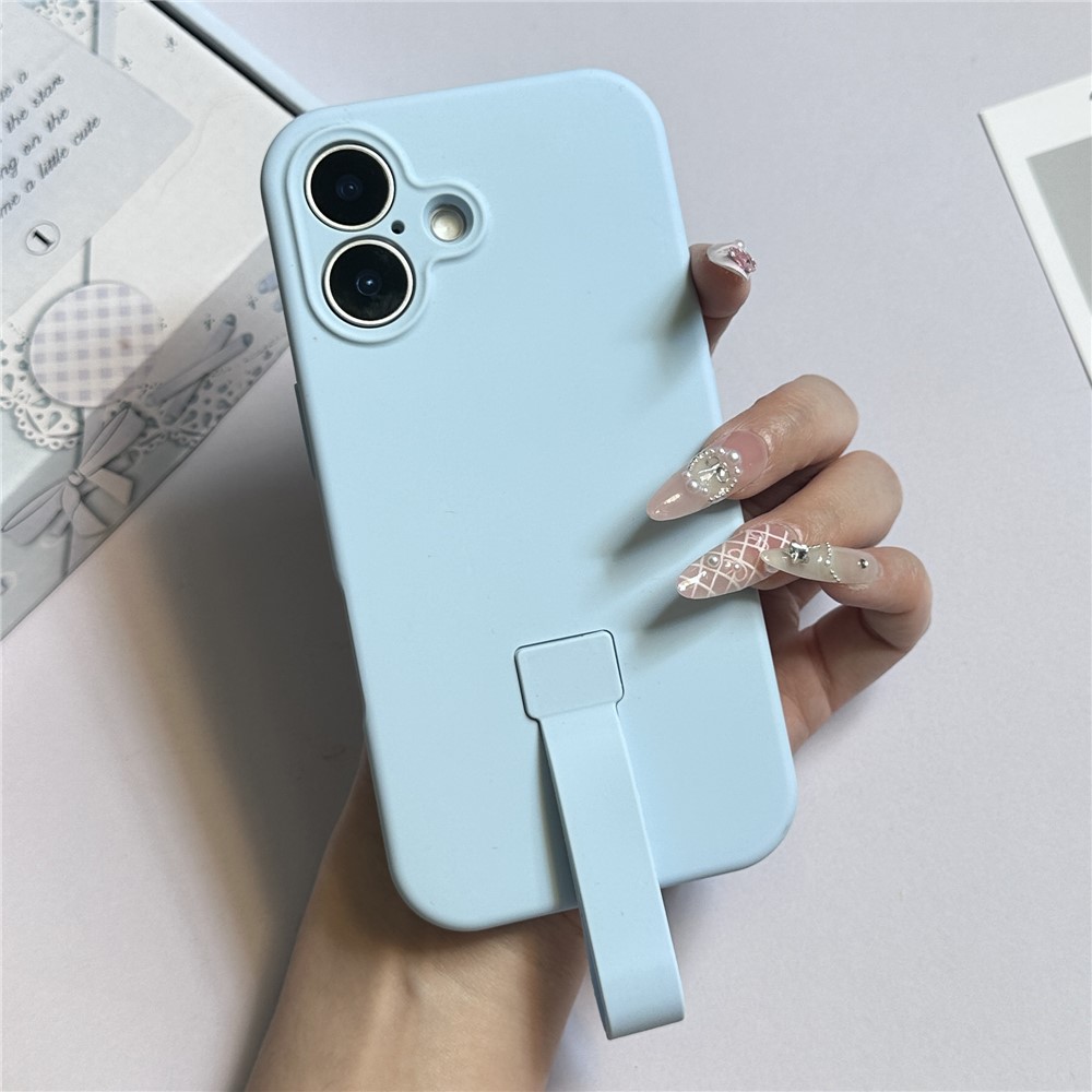 For iPhone 16 Plus Case with Finger Strap Soft Silicone Phone Back Cover - Sky Blue