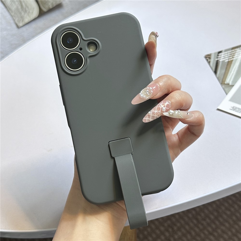 For iPhone 16 Plus Case with Finger Strap Soft Silicone Phone Back Cover - Dark Grey