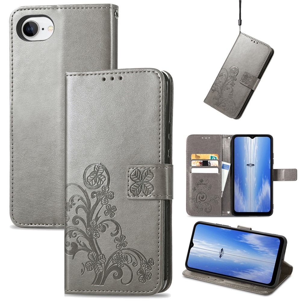 For iPhone 16e Leather Case Four-Leaf Clover Wallet Phone Cover - Grey