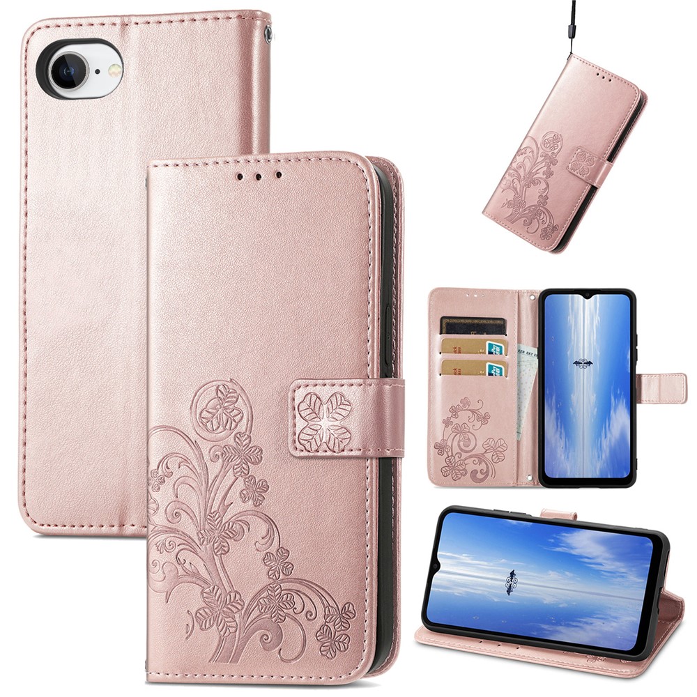 For iPhone 16e Leather Case Four-Leaf Clover Wallet Phone Cover - Rose Gold