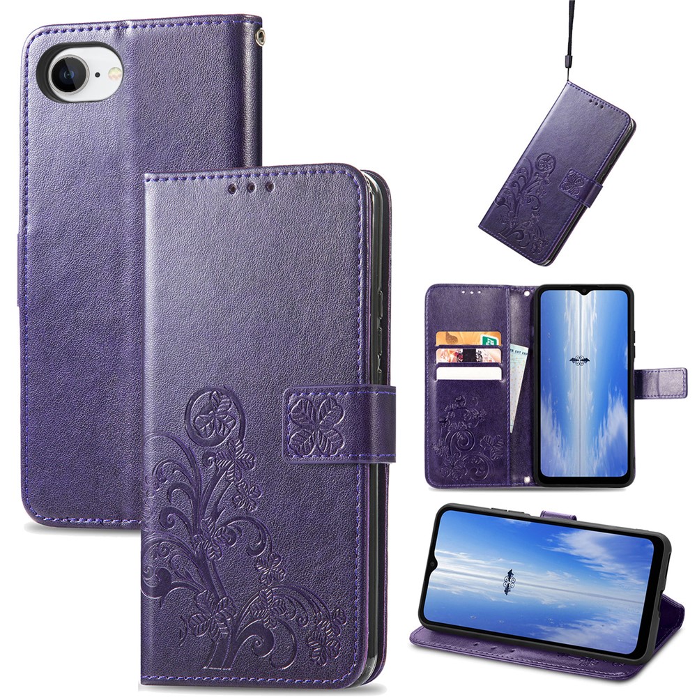 For iPhone 16e Leather Case Four-Leaf Clover Wallet Phone Cover - Purple