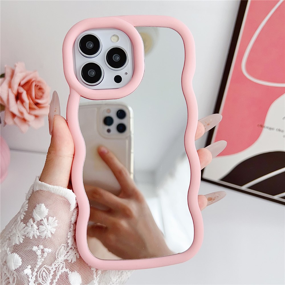For iPhone 15 Pro Max Case with Mirror Wave Frame PC + TPU Phone Cover - Pink