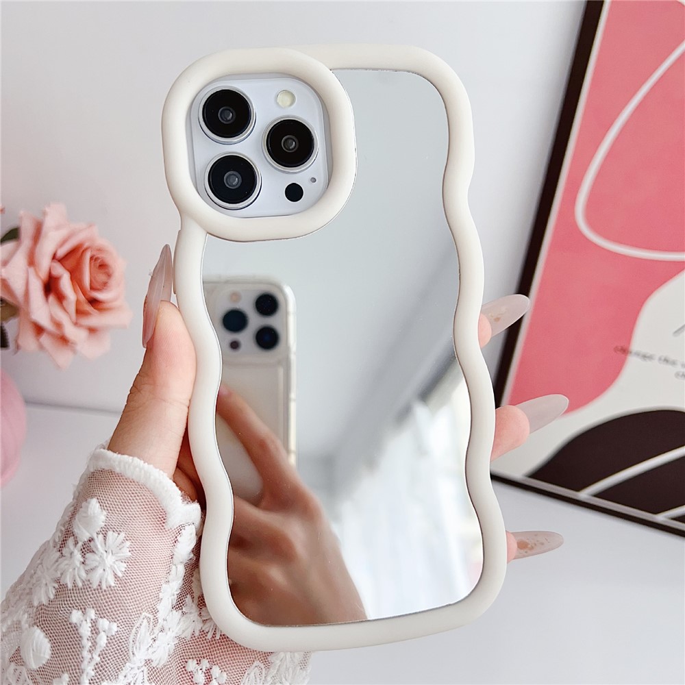 For iPhone 15 Pro Case with Mirror Wave Frame PC + TPU Phone Cover - White