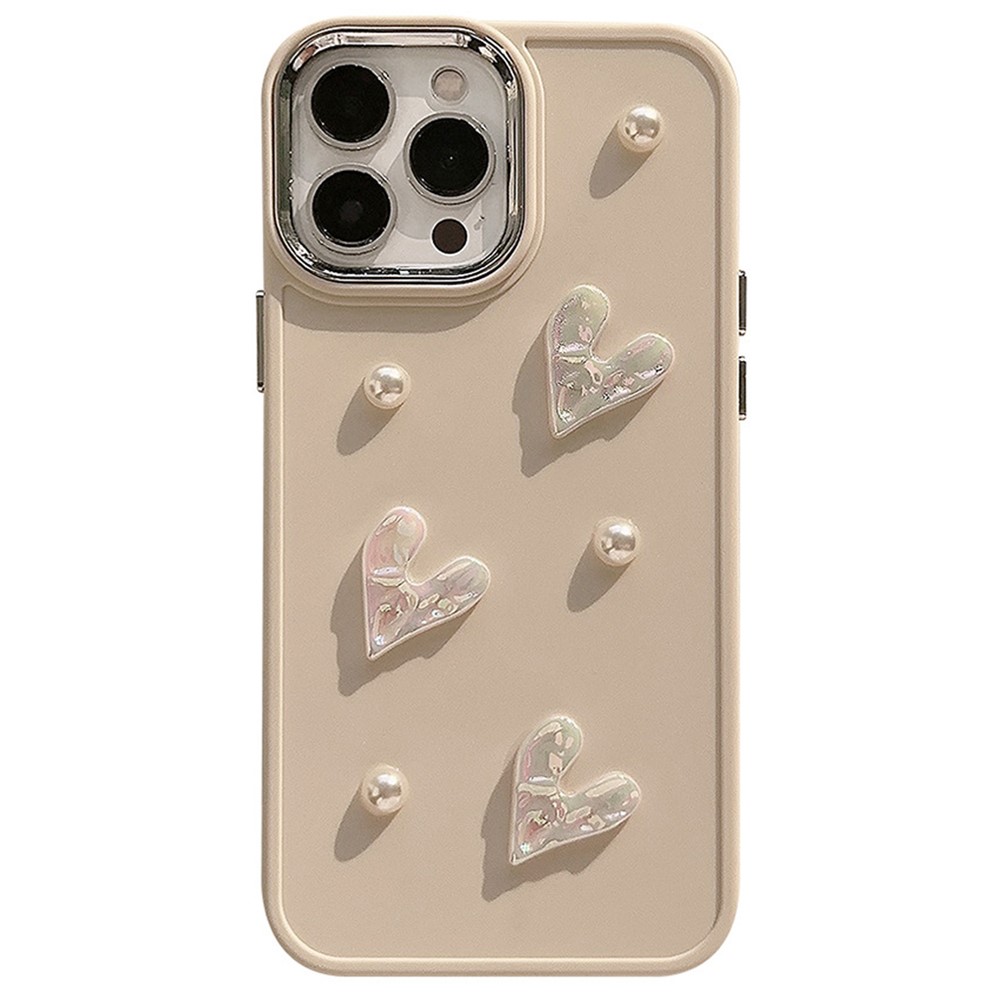 For iPhone 15 Pro Case Pearl Heart Aesthetic Shockproof TPU Phone Cover - Beige