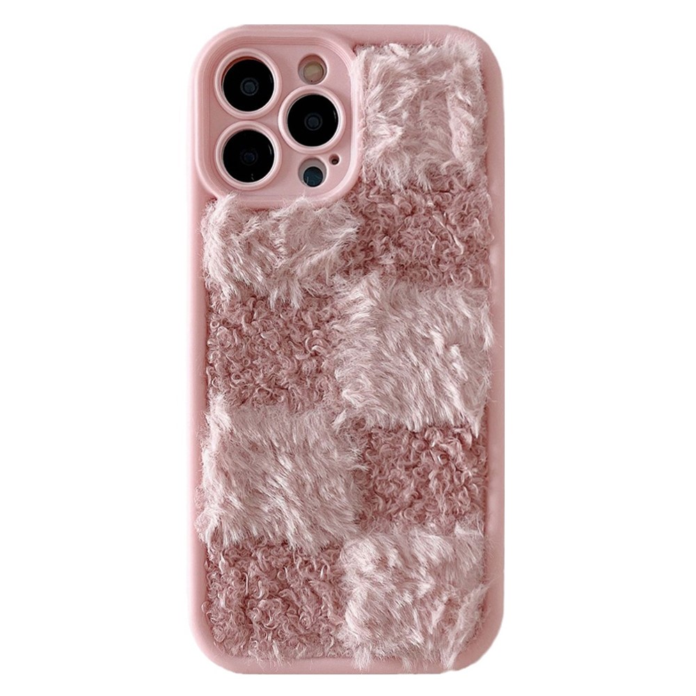 For iPhone 15 Pro Max Case Plush Patchwork Grid Shockproof TPU Phone Cover - Pink
