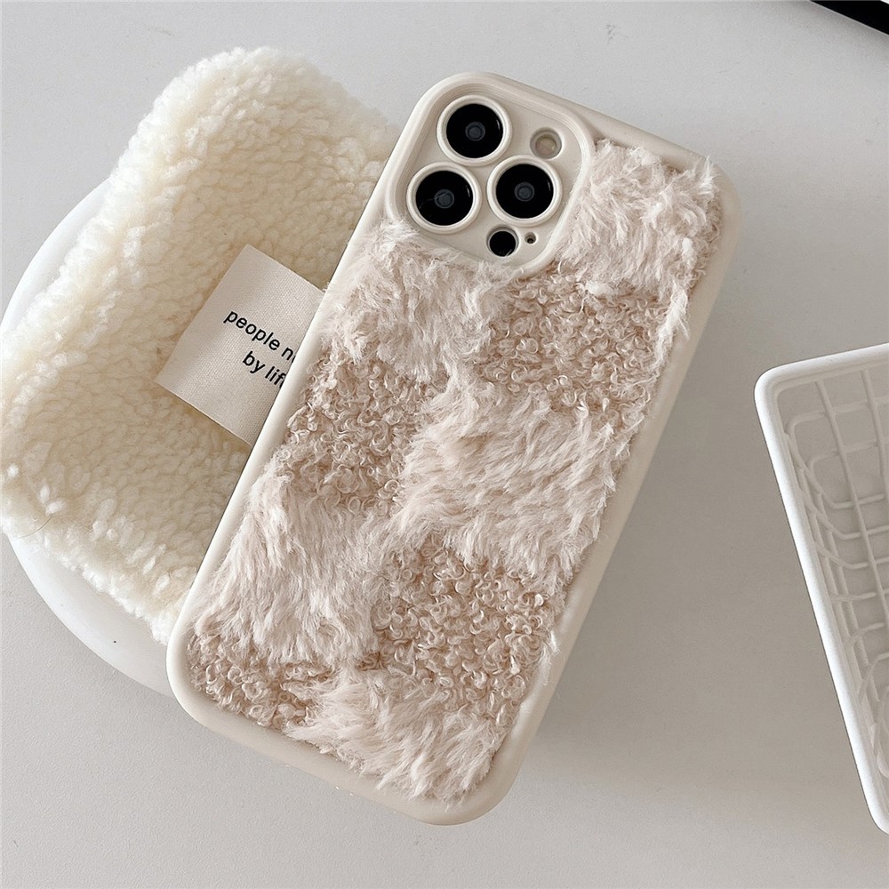 For iPhone 15 Pro Case Plush Patchwork Grid Shockproof TPU Phone Cover - White