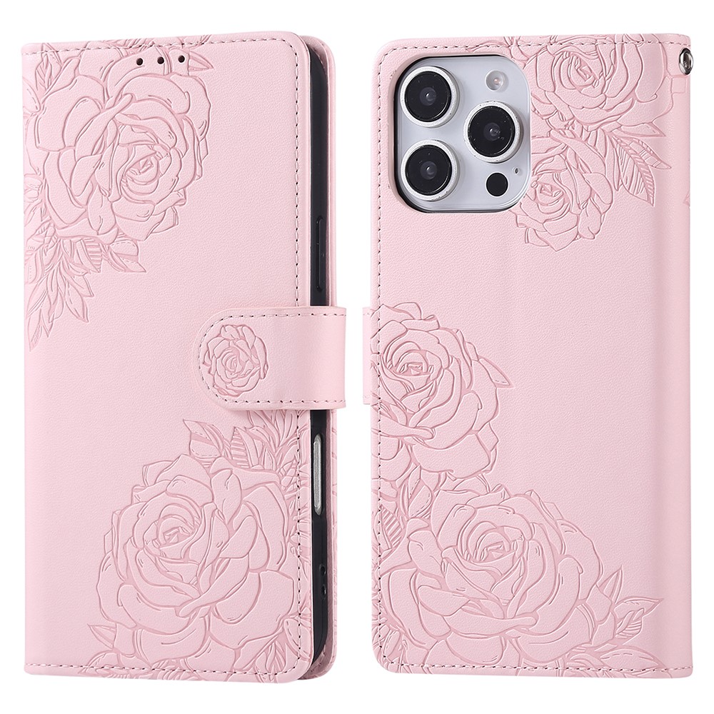For iPhone 13 Pro Max Case Rose Flower PU Leather Wallet Phone Cover with 3 Card Slots - Rose Gold