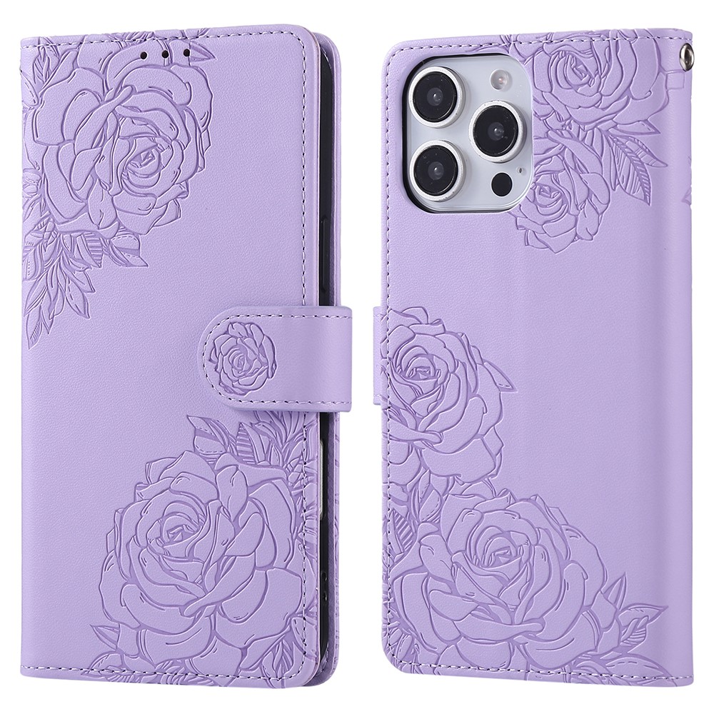 For iPhone 13 Pro Max Case Rose Flower PU Leather Wallet Phone Cover with 3 Card Slots - Purple