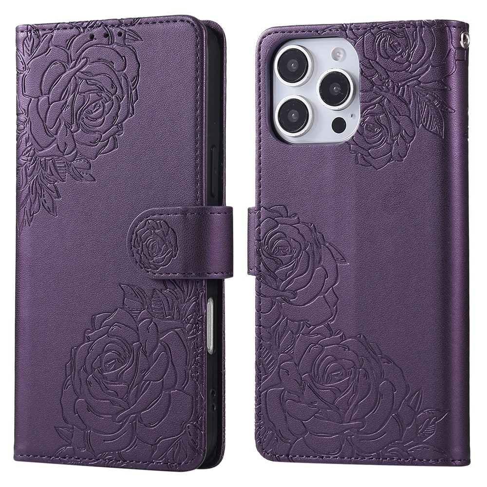 For iPhone 14 Pro Case Rose Flower PU Leather Wallet Phone Cover with 3 Card Slots - Dark Purple