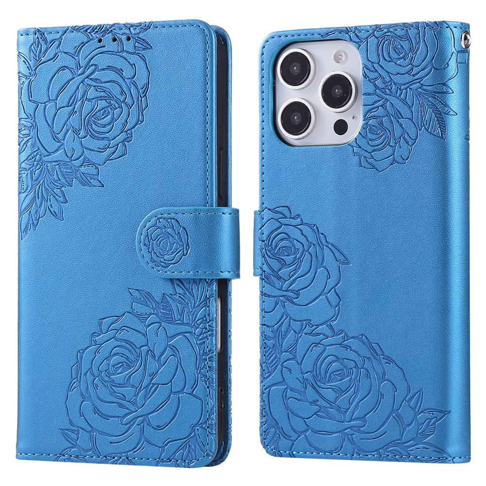 For iPhone 14 Pro Max Case Rose Flower PU Leather Wallet Phone Cover with 3 Card Slot - Blue