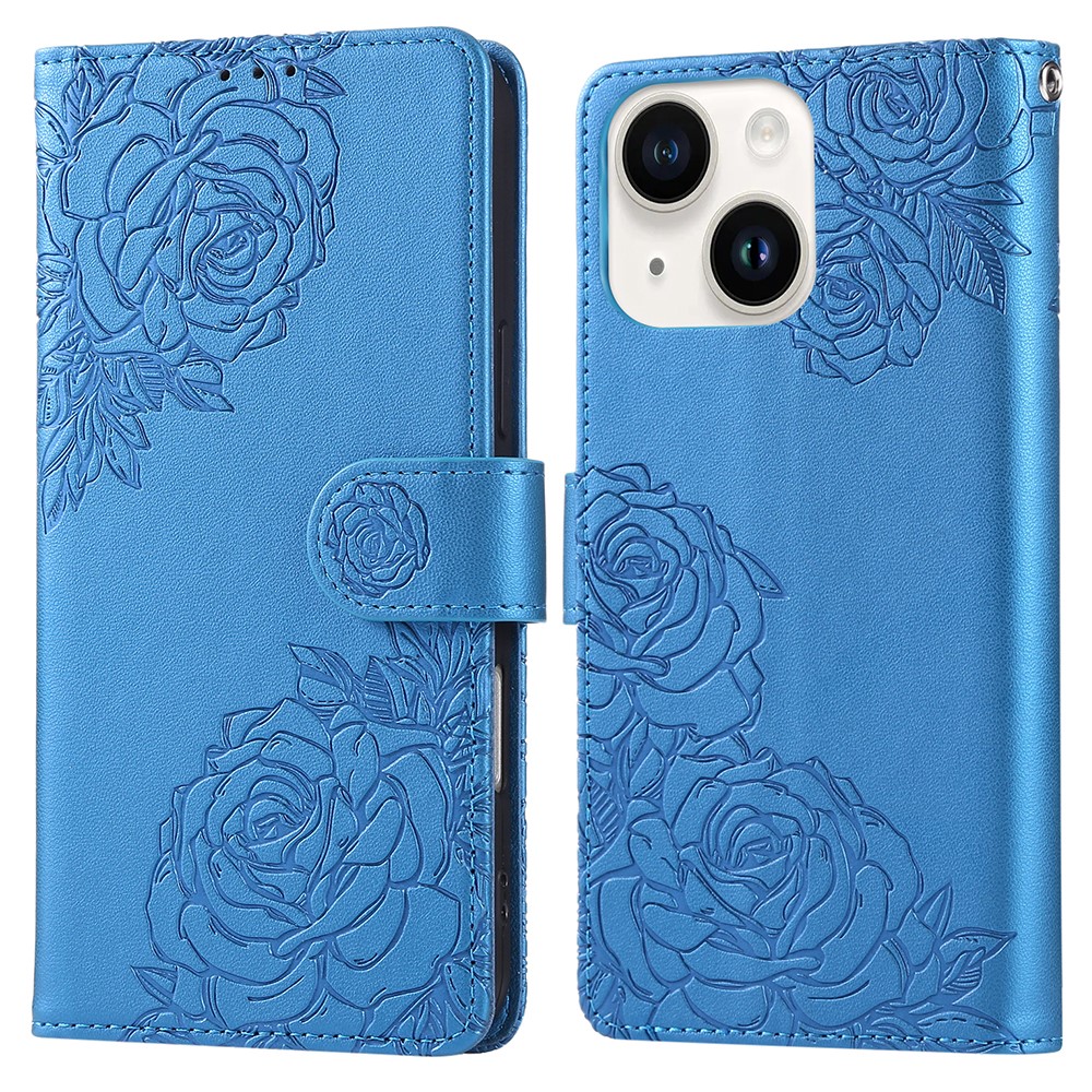 For iPhone 15 Case Rose Flower PU Leather Wallet Phone Cover with 3 Card Slot - Blue